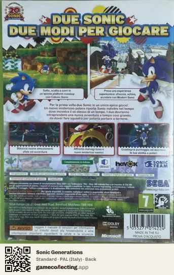 Sonic Generations Xbox 360, Italy box back