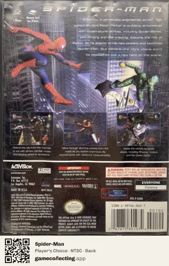 Spider-Man Nintendo GameCube, NTSC box back