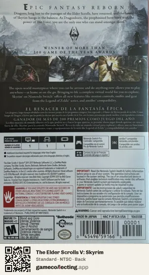The Elder Scrolls V: Skyrim Nintendo Switch, NTSC box back
