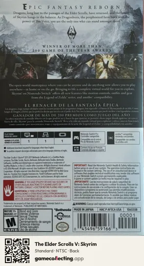 The Elder Scrolls V: Skyrim Nintendo Switch, NTSC box back