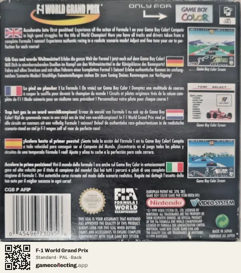 F-1 World Grand Prix Game Boy Color, PAL box back