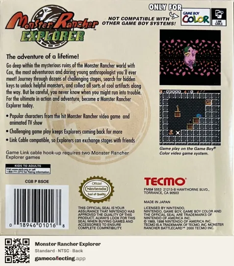 Monster Rancher Explorer Game Boy Color, NTSC box back