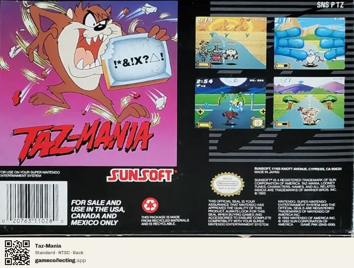 Taz-Mania Super Nintendo Entertainment System, NTSC box back