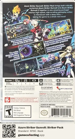 Azure Striker Gunvolt: Striker Pack Nintendo Switch, NTSC box back