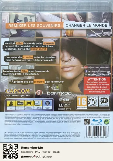 Remember Me PlayStation 3, France box back