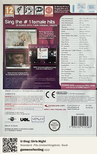 U-Sing: Girls Night Nintendo Wii, United Kingdom box back