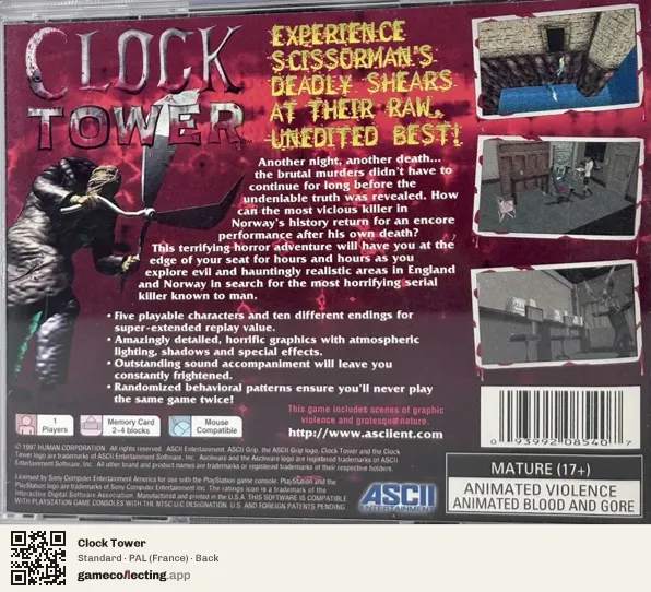 Clock Tower PlayStation, France box back