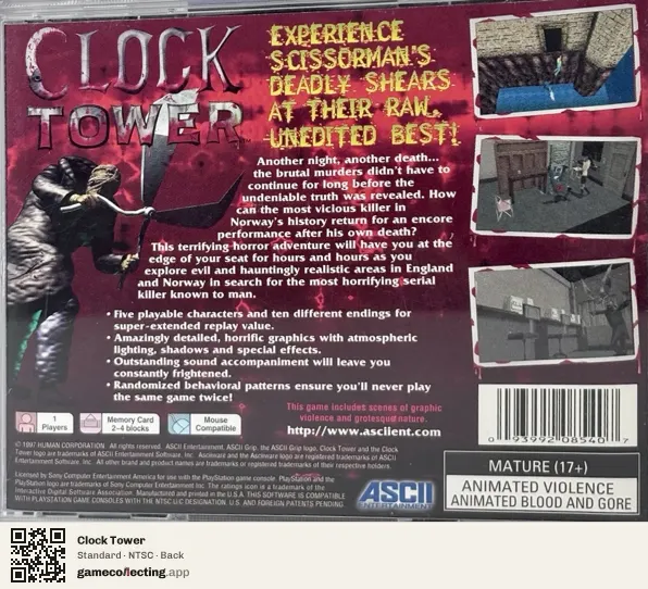 Clock Tower PlayStation, NTSC box back