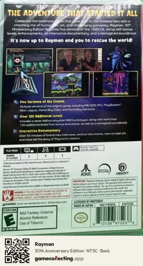 Rayman Nintendo Switch, NTSC box back