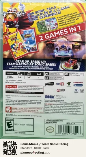 Sonic Mania / Team Sonic Racing Nintendo Switch, NTSC box back