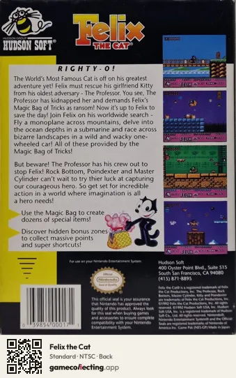 Felix the Cat Nintendo Entertainment System, NTSC box back