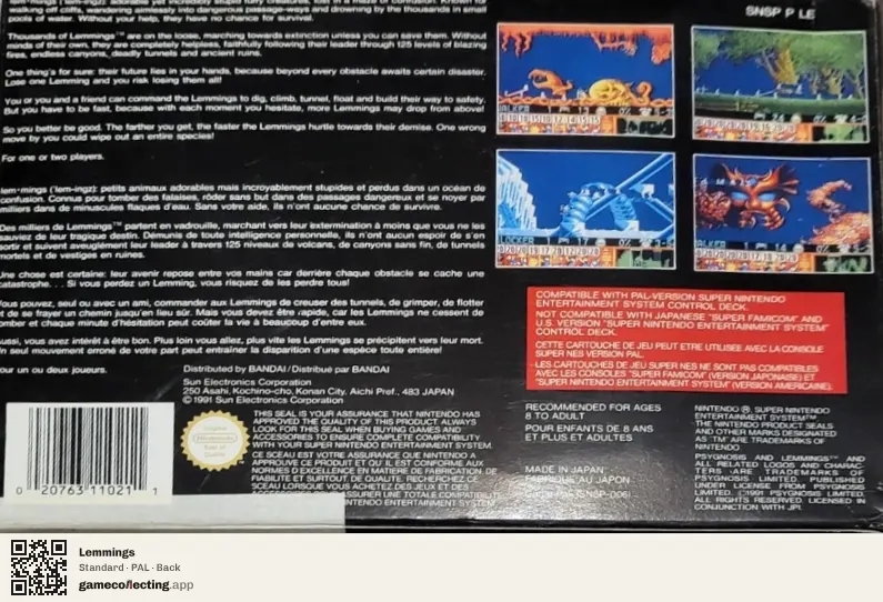 Lemmings Super Nintendo Entertainment System, PAL box back