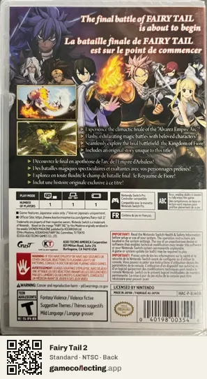 Fairy Tail 2 Nintendo Switch, NTSC box back