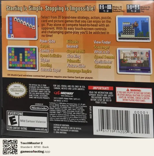 TouchMaster 2 Nintendo DS, NTSC box back