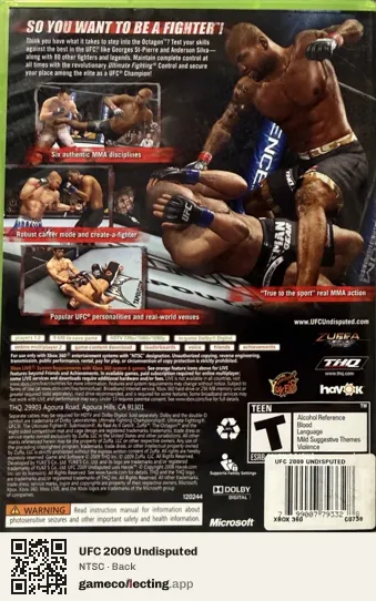 UFC 2009 Undisputed Xbox 360, NTSC box back