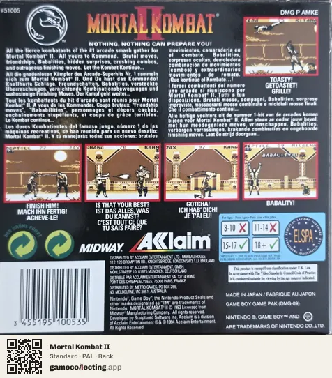 Mortal Kombat II Game Boy, PAL box back
