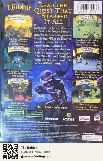 The Hobbit Xbox, NTSC box back