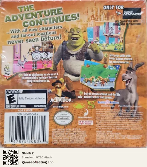 Shrek 2 Game Boy Advance, NTSC box back