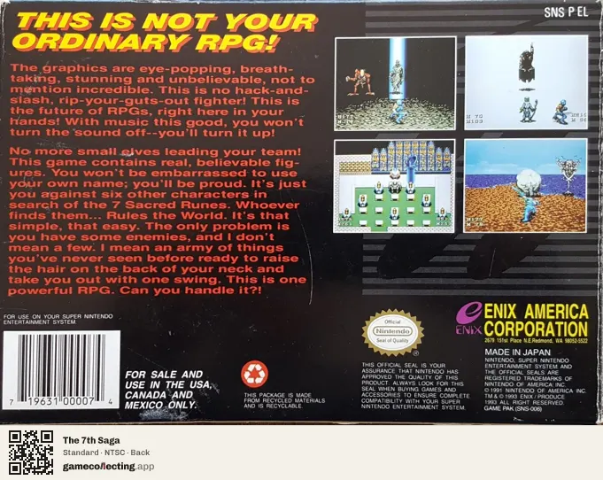 The 7th Saga Super Nintendo Entertainment System, NTSC box back
