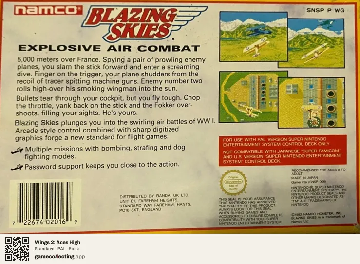 Wings 2: Aces High Super Nintendo Entertainment System, PAL box back