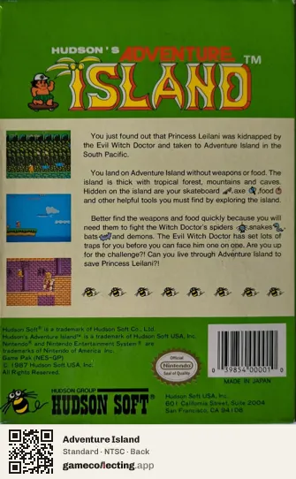 Adventure Island Nintendo Entertainment System, NTSC box back