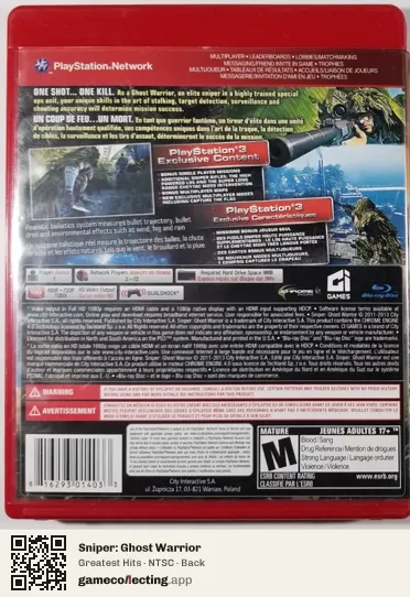 Sniper: Ghost Warrior PlayStation 3, NTSC box back