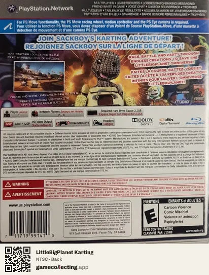 LittleBigPlanet Karting PlayStation 3, NTSC box back
