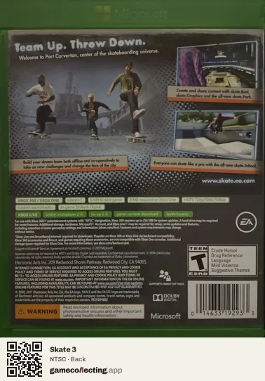 Skate 3 Xbox 360, NTSC box back