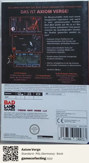 Axiom Verge Nintendo Switch, Germany box back