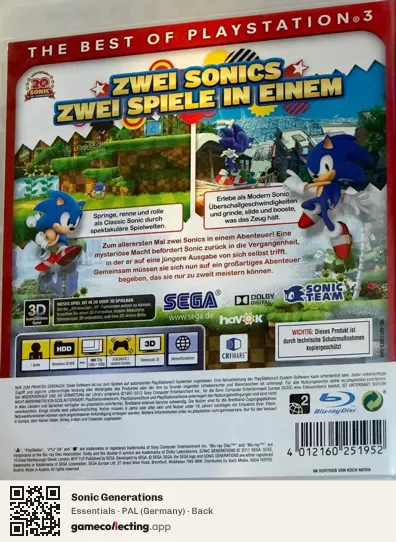 Sonic Generations PlayStation 3, Germany box back