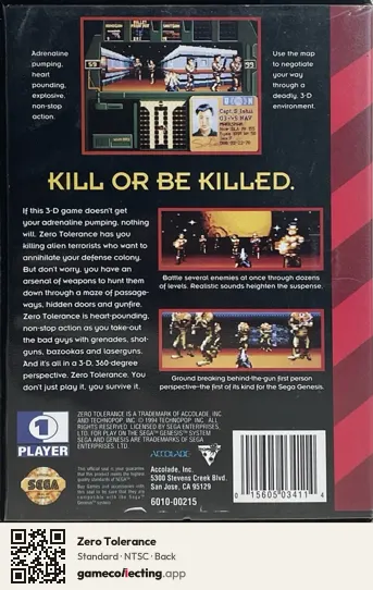Zero Tolerance Sega Mega Drive / Genesis, NTSC box back