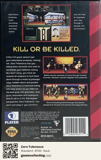 Zero Tolerance Sega Mega Drive / Genesis, NTSC box back