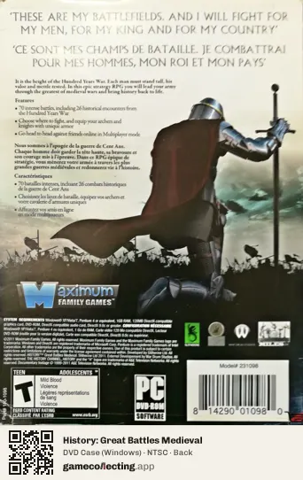 History: Great Battles Medieval Computer, NTSC box back