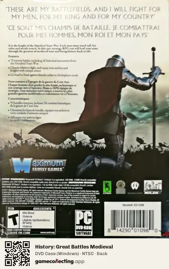 History: Great Battles Medieval Computer, NTSC box back