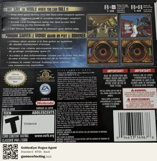 GoldenEye: Rogue Agent Nintendo DS, NTSC box back