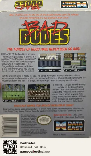 Bad Dudes Nintendo Entertainment System, PAL box back