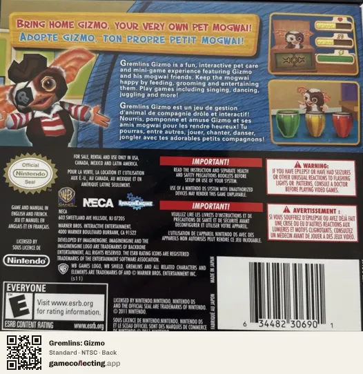 Gremlins: Gizmo Nintendo DS, NTSC box back