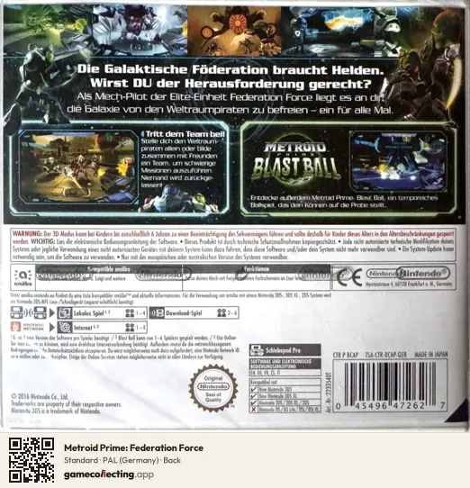 Metroid Prime: Federation Force Nintendo 3DS, Germany box back