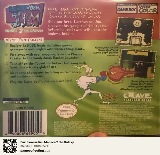 Earthworm Jim: Menace 2 the Galaxy Game Boy Color, NTSC box back