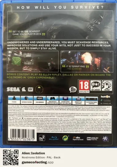 Alien: Isolation PlayStation 4, PAL box back