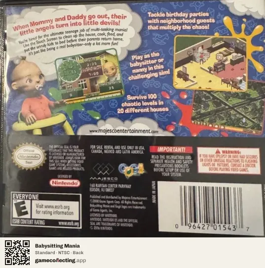 Babysitting Mania Nintendo DS, NTSC box back