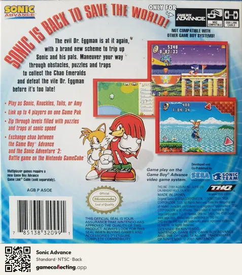 Sonic Advance Game Boy Advance, NTSC box back