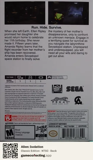 Alien: Isolation Nintendo Switch, NTSC box back