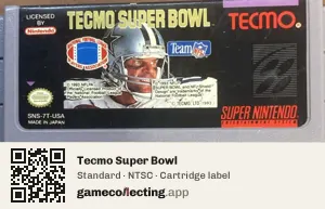 Tecmo Super Bowl Super Nintendo Entertainment System, NTSC cartridge label