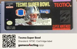 Tecmo Super Bowl Super Nintendo Entertainment System, NTSC cartridge label