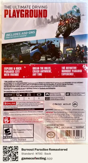 Burnout Paradise Remastered Nintendo Switch, NTSC box back