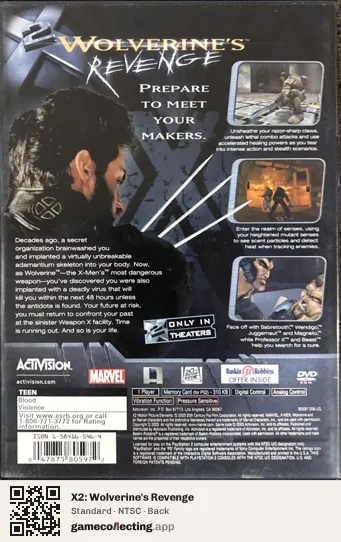 X2: Wolverine's Revenge PlayStation 2, NTSC box back