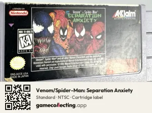 Venom/Spider-Man: Separation Anxiety Super Nintendo Entertainment System, NTSC cartridge label
