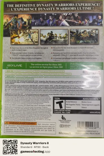 Dynasty Warriors 8 Xbox 360, NTSC box back