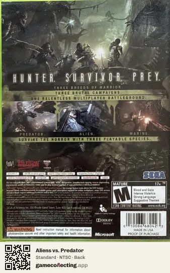 Aliens vs. Predator Xbox 360, NTSC box back